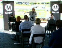 County Supervisor Kathryn Barger at this morning's I-5 North County widening groundbreaking, where she claimed that this project will "reduce pollution." Image via Facebook stream