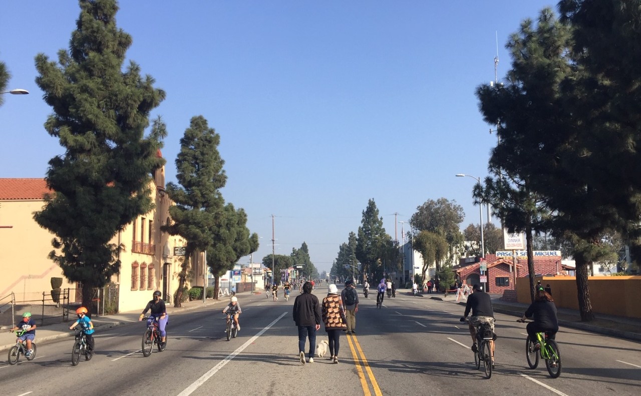 People bicycling and walking at yesterday's South L.A. CicLAvia