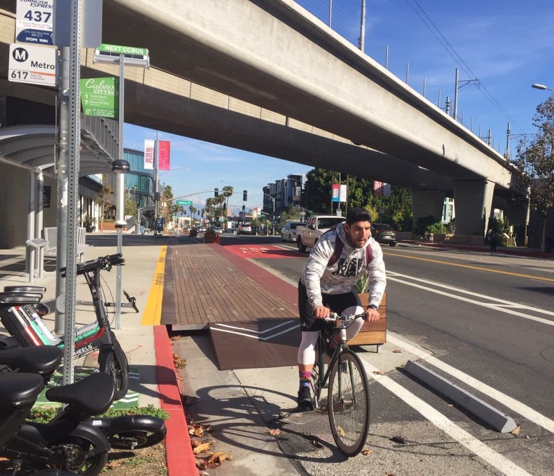 New bus and bike lanes in Culver City - including right under the Metro E Line. Photos by Joe Linton/Streetsblog L.A.