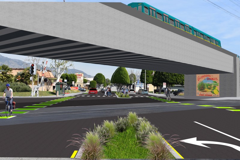 Rendering of West Foothill Boulevard and Grand Avenue in Glendora. This project, which would reduce general travel lanes, add continental crosswalks and bike lanes is included in the East SGV Sustainable Multimodal Improvement Project proposal. Image: City of Glendora