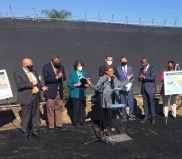 Representative Karen Bass speaking at today's press event. Behind her are: Glendale Councilmember Ara Najarian, L.A. Councilmember Curren Price, Congressmember Lucille Roybal-Allard, Mayor Eric Garcetti, CalSTA Secretary David Kim, L.A. Councilmember Marqueece Harris-Dawson, and Metro CEO Stephanie Wiggins. Photos by Joe Linton/Streetsblog L.A.