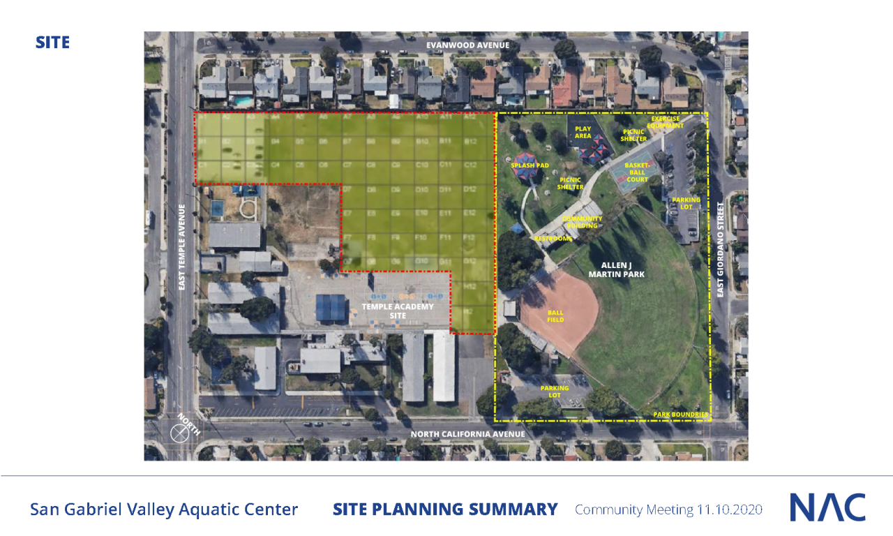 Shaded in yellow is the site of the future San Gabriel Valley Aquatic Center.Image: NAC Architecture