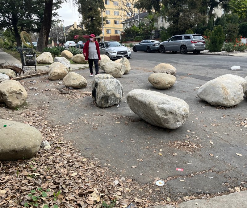 Who placed these boulders in the public right-of-way? Photos by Joe Linton/Streetsblog L.A.