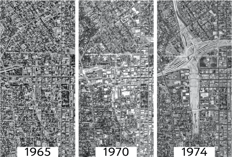 Aerials of the period when the state bought up land through eminent domain for the 710 Freeway. Caltrans pushed out more than 4,000 residents and destroyed more than 1,500 homes. Image: city of Pasadena