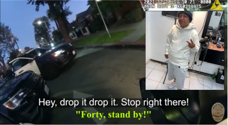 Although LAPD claims they shot 22-year-old Margarito "Junior" López because he "advanced" toward officers while holding a knife, an examination of the body cam footage shows the standby warning for a "less lethal" projectile went unheeded, resulting in contagious fire. The warning (in green) is added by Streetsblog; LAPD elected not to include it in their transcription.