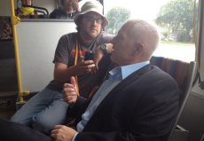 Damien interviews newly installed Councilmember Bonin on the Metro 733 in 2013. To read the interview, click here : https://la.preprod-streetsblog.alley.ws/2013/07/18/mike-bonin-focuses-on-listening-to-build-new-transportation-consensus-in-los-angeles/