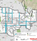 A map of the 10 priority corridors in the City of Pasadena's draft pedestrian plan, high priority crossings and other priority corridors. The areas in blue represent street segments that, according to the plan,  would have the greatest impact. Areas with red dots represent high priority crossings that would have the greatest impact if improved. Image: City of Pasadena