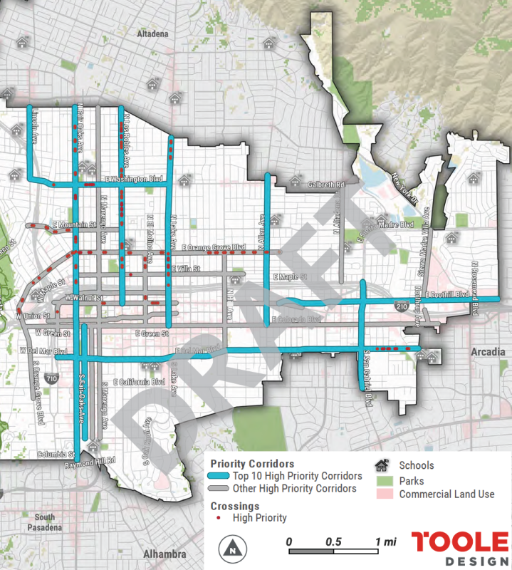 A map of the 10 priority corridors in the City of Pasadena's draft pedestrian plan, high priority crossings and other priority corridors. The areas in blue represent street segments that, according to the plan, would have the greatest impact. Areas with red dots represent high priority crossings that would have the greatest impact if improved. Image: City of Pasadena