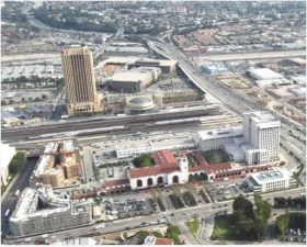 Union Station aerial - by Gary Leonard via The Source. The L.A. River is the horizontal concrete structure near the top of the photo