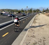 Pomona's new Valley Boulevard curb-protected bikeway. Photos by Joe Linton