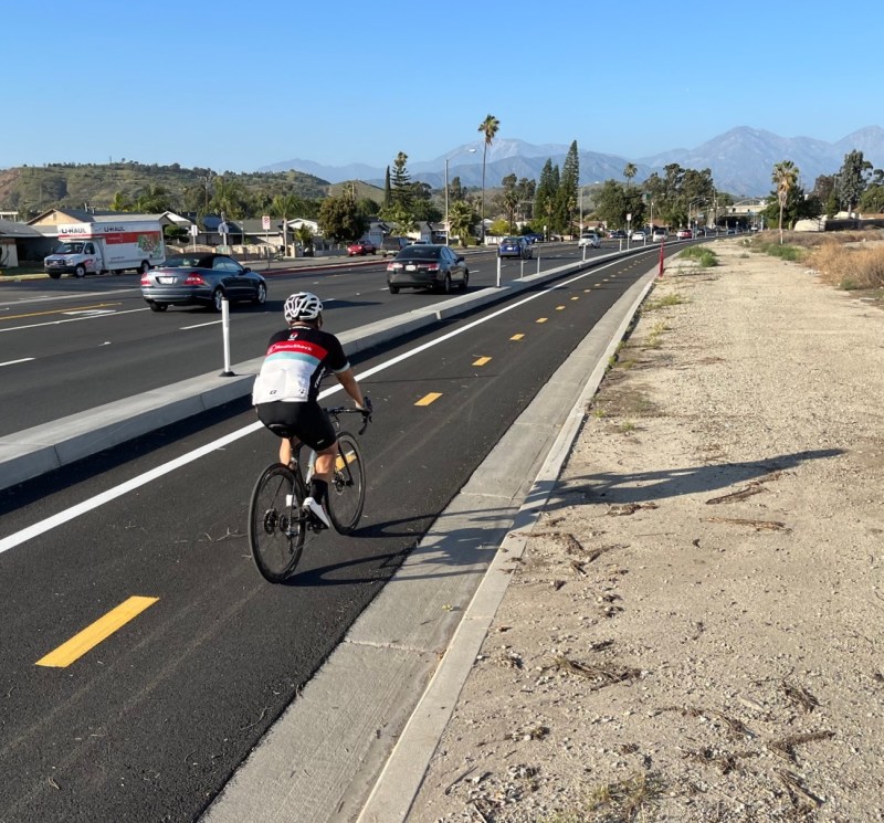 Pomona's new Valley Boulevard curb-protected bikeway. Photos by Joe Linton