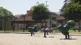 View of the community center at Zamora Park in El Monte, from the playground. Credit Chris Greenspon/Streetsblog L.A.