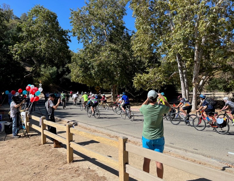 Cyclists take to the newly car-free stretch of Griffith Park Drive. Photos by Joe Linton/Streetsblog L.A.