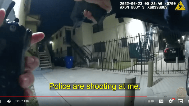 Police body cam footage captures Joshua Hatfield yelling that police are shooting at him. The distraught 28-year-old ran into a residence after Officer Justin Freund fired two shots at him. Hatfield never threatened officers and appears to have been unarmed - police were unable to find any weapons on the premises. But LAPD booked him on Assault with a Deadly Weapon on a Peace Officer with a Firearm anyways.