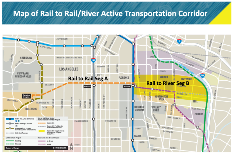 The full Rail-to-River project runs approximately 10 miles across South and Southeast L.A. Segment A, currently under construction, runs along the Slauson corridor before heading southwest at Western and paralleling Hyde Park Boulevard. Segment B will run along the length of Randolph to the river. Source: Metro