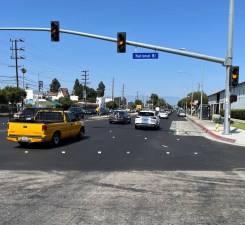 L.A. recently resurfaced Venice Boulevard between National and La Cienega. This stretch is receiving newly-protected bike lanes any day now. Late July photo by Joe Linton/Streetsblog L.A.
