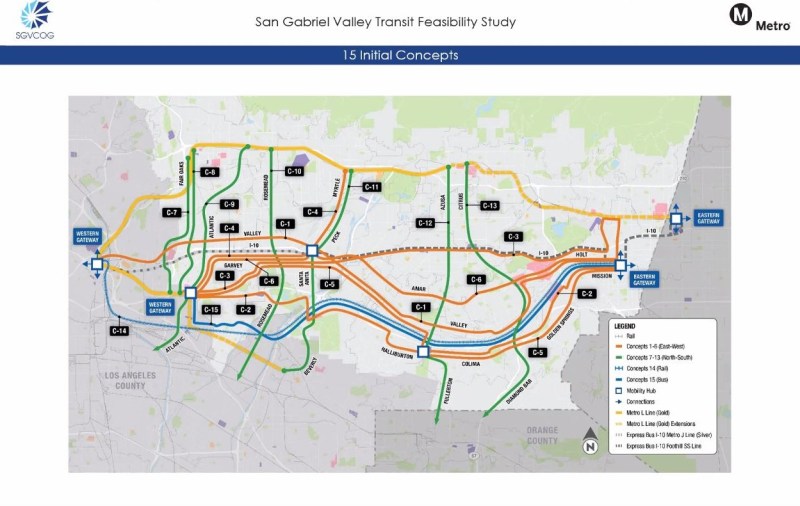 The 15 initial concept routes considered for Bus Rapid Transit in the SGV Transit Feasibility Study.