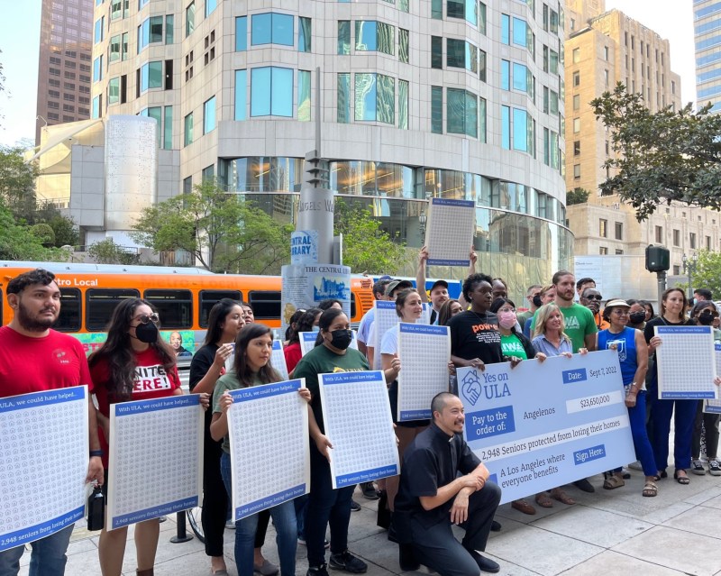United to House L.A. proponents in front of the US Bank tower in DTLA. Photos by Joe Linton/Streetsblog