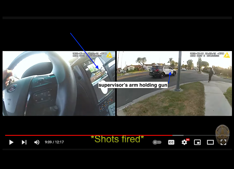 In the critical incident briefing video of the July 18 shooting of Jermaine Petit, LAPD juxtaposes the view from inside Sgt. Brett Hayhoe's vehicle with footage from the officers pursuing Petit on foot. Hayhoe opens fire from inside his vehicle, sparking contagious fire from Glover.